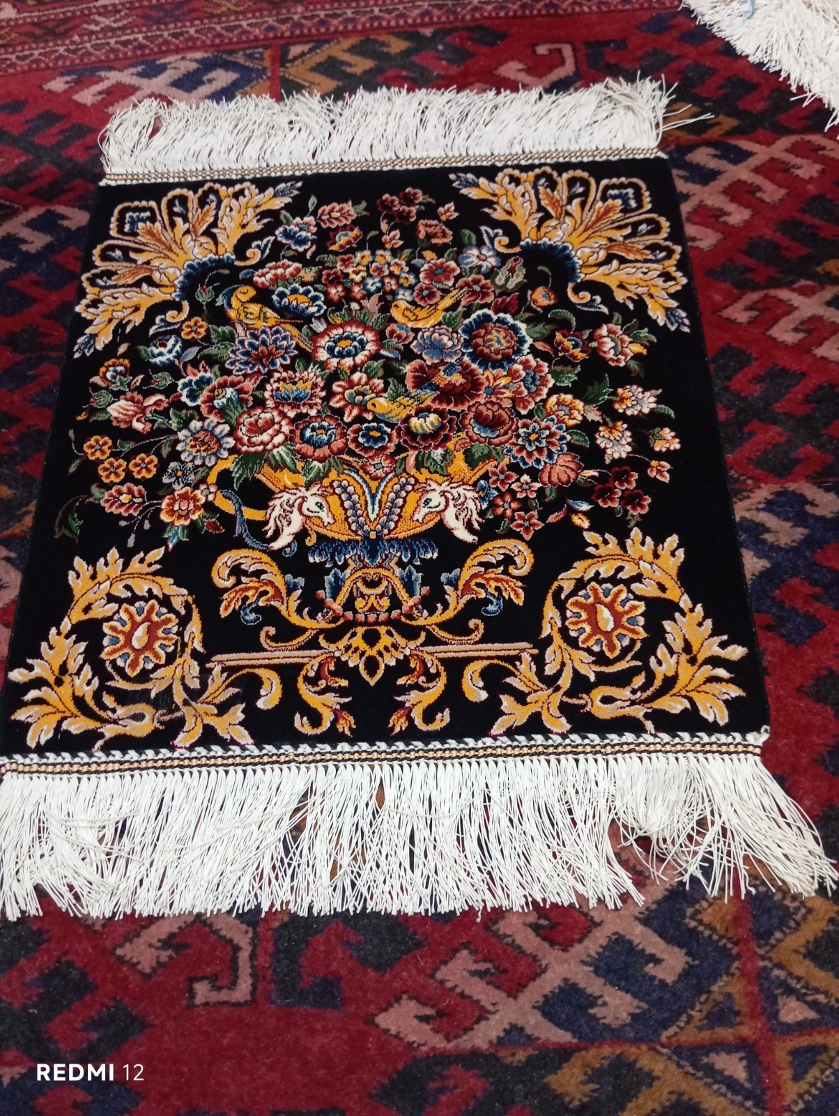 Small Sherazi Silk Rug 40x40cm - Ornate Flower Bouquet Vase Black Wall Hanging gallery