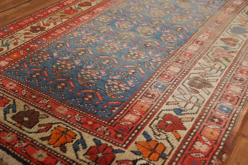 Pre-1900 Handmade Rug Blue Wool Vegetable Dye Heriiz Bakhshayesh Runner Rug 3x15 gallery