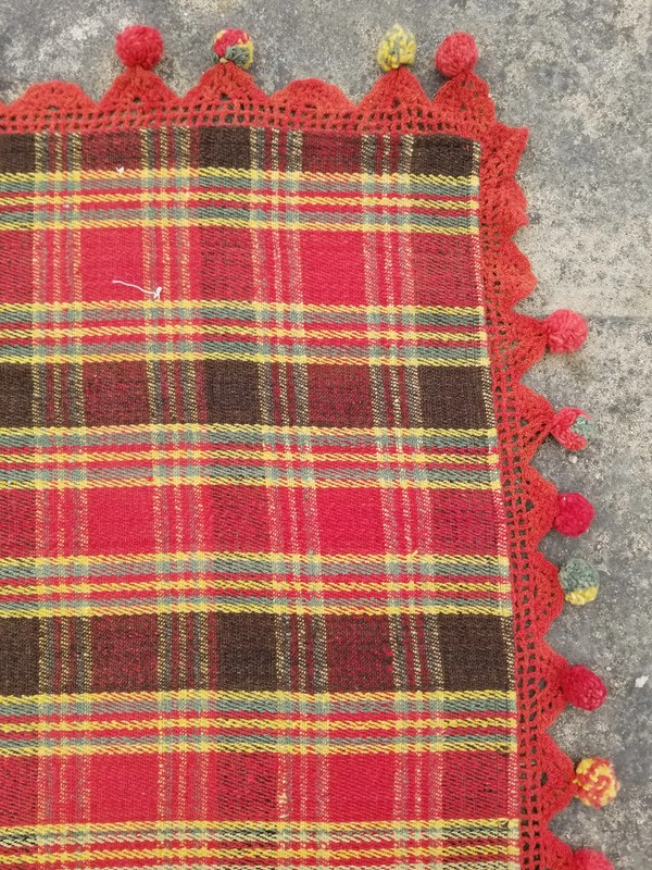 Vintage Woven Plaid Blanket Throw with Handmade Crochet Trim & Pom Pom 5.7x5.2ft gallery