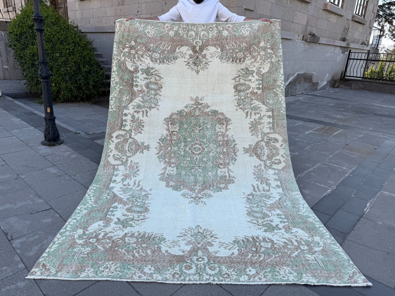 Vintage Turkish Oushak Rug 5.4x8.6 ft Muted Mint Green Medallion Wool Area Rug gallery
