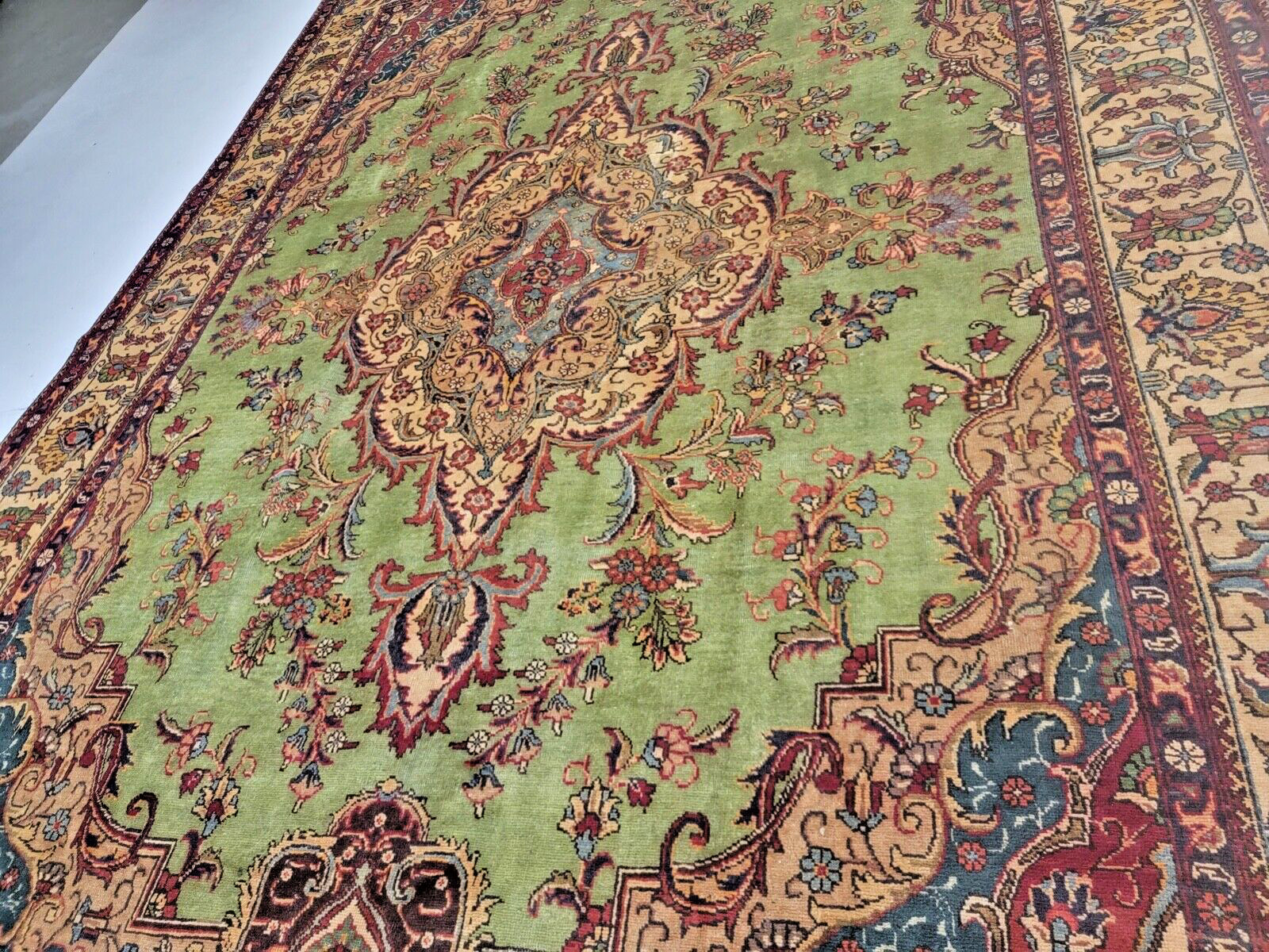Antique Oriental Hand-Knotted Wool Area Rug Green/Beige/Red 9'6" x12'10" gallery