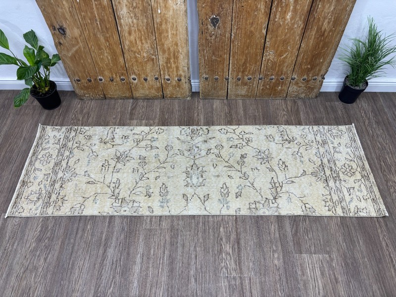 2x7 Beige Vintage Turkish Runner, Neutral Oushak Runner, Hand-Knotted Wool Rug gallery