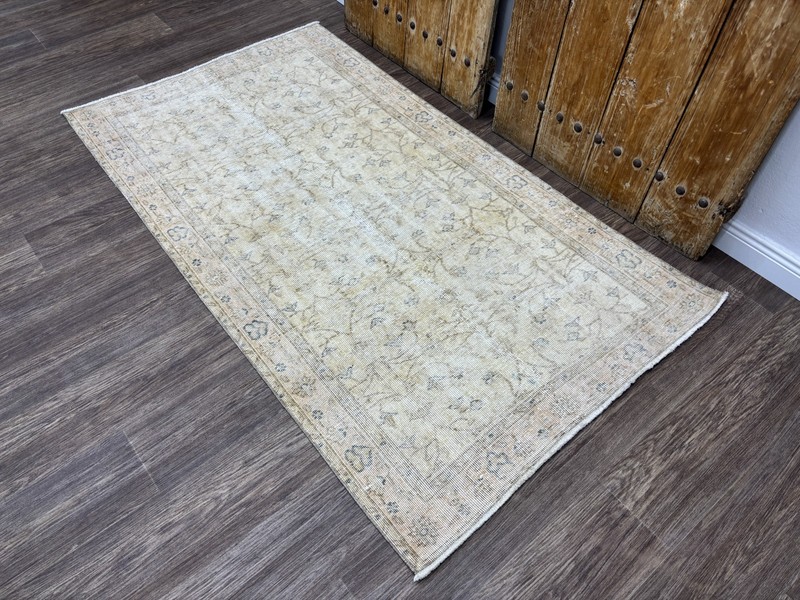4x7 Hand-Knotted Wool Cream Pink Blue Neutral Living Room Vintage Turkish Rug gallery