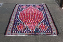 Vintage Traditional Hand Made Oriental Wool Cotton Red Blue Long Kilim 230x125cm