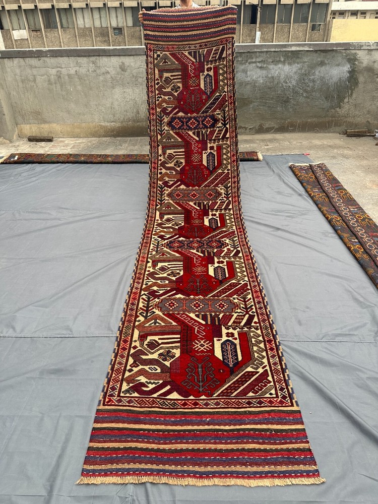 Vintage Afghan Baluchi Runner Rug 2'7 x 11'8 ft Handmade Tribal Wool Hall Carpet