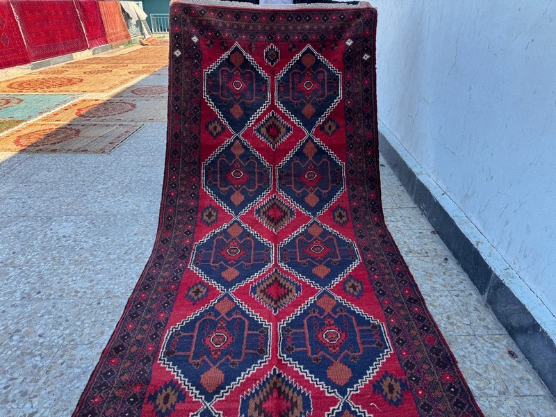 Hand Knotted Afghan Baluchi Runner Rug 5x14 ft Red Geometric Turkmen Long Carpet gallery