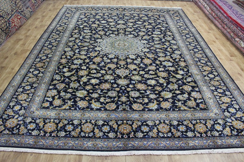 Large Fine Keshan Rug 405x302cm Hand Knotted Wool Signed Blue Floral Medallion gallery