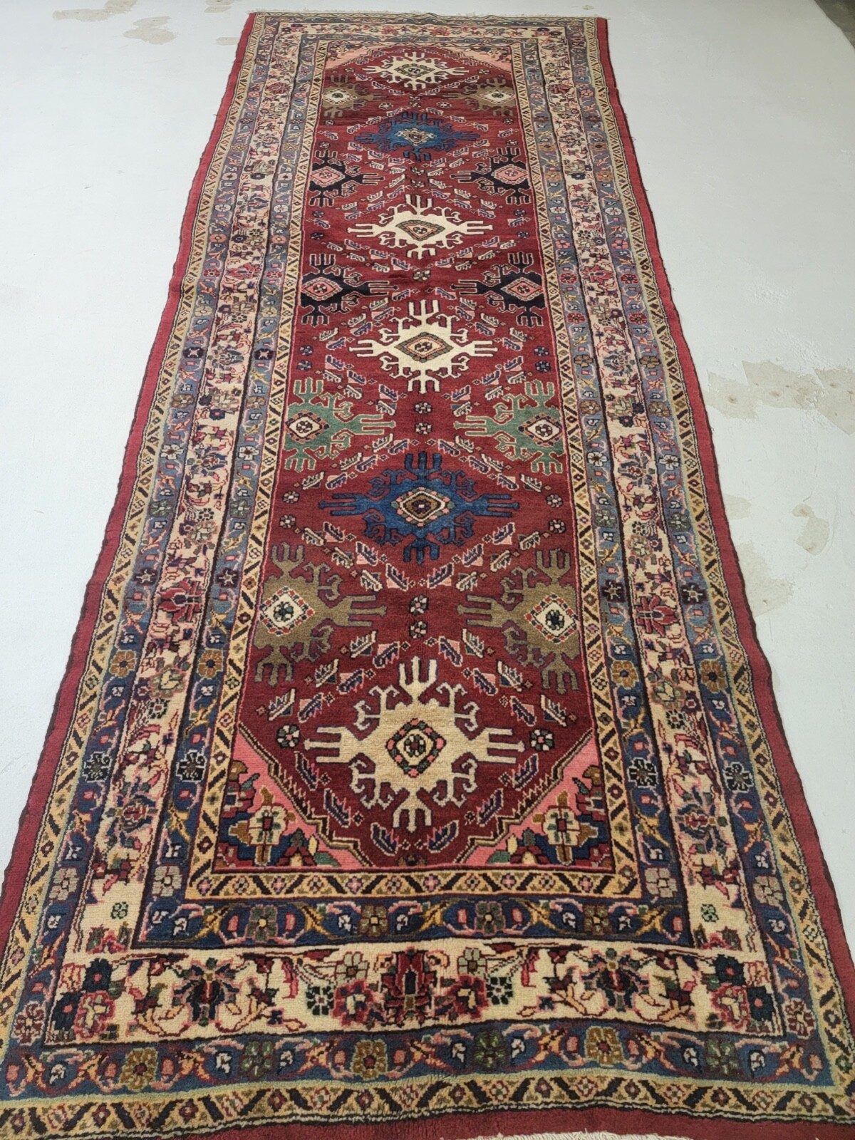 Antique Oriental Hand-Knotted Wool Runner Red/Ivory/Blue/Green 4'5" x 12'8" gallery