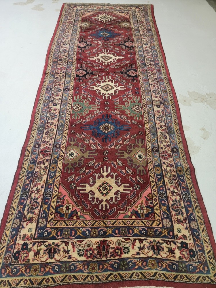 Antique Oriental Hand-Knotted Wool Runner Red/Ivory/Blue/Green 4'5" x 12'8"