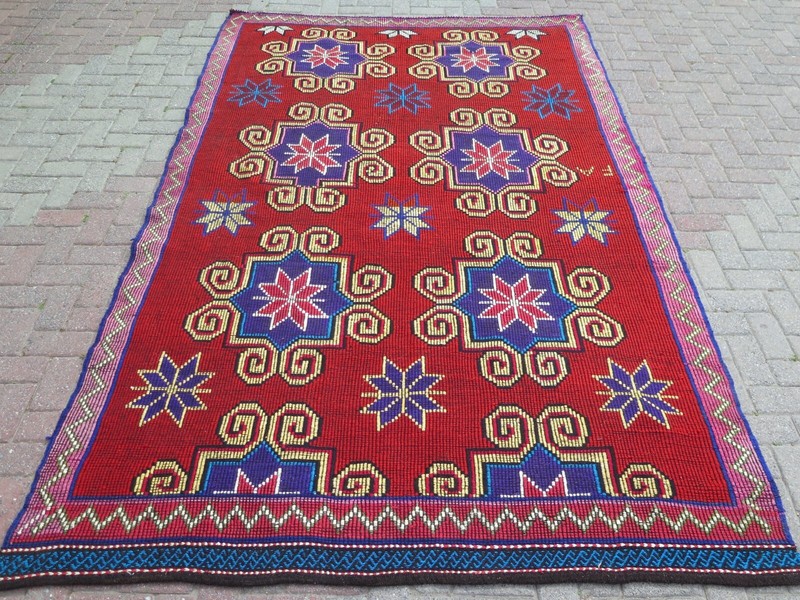 Crimson Red Large Floral Vintage Carpet, Turkish Handwoven Boho Rug 79"x120" gallery