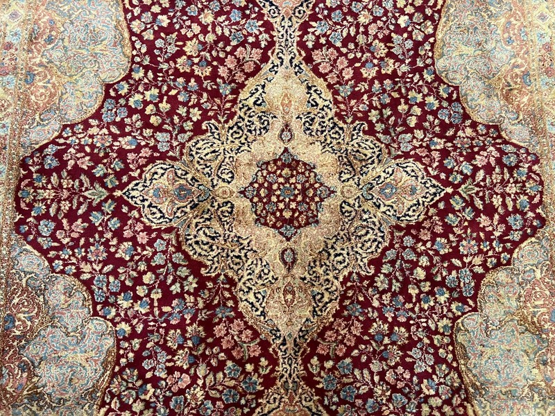 Kirman Deluxe Rug 9x12 Floral Medallion Wool Authentic Carpet Maroon Blue Beige gallery