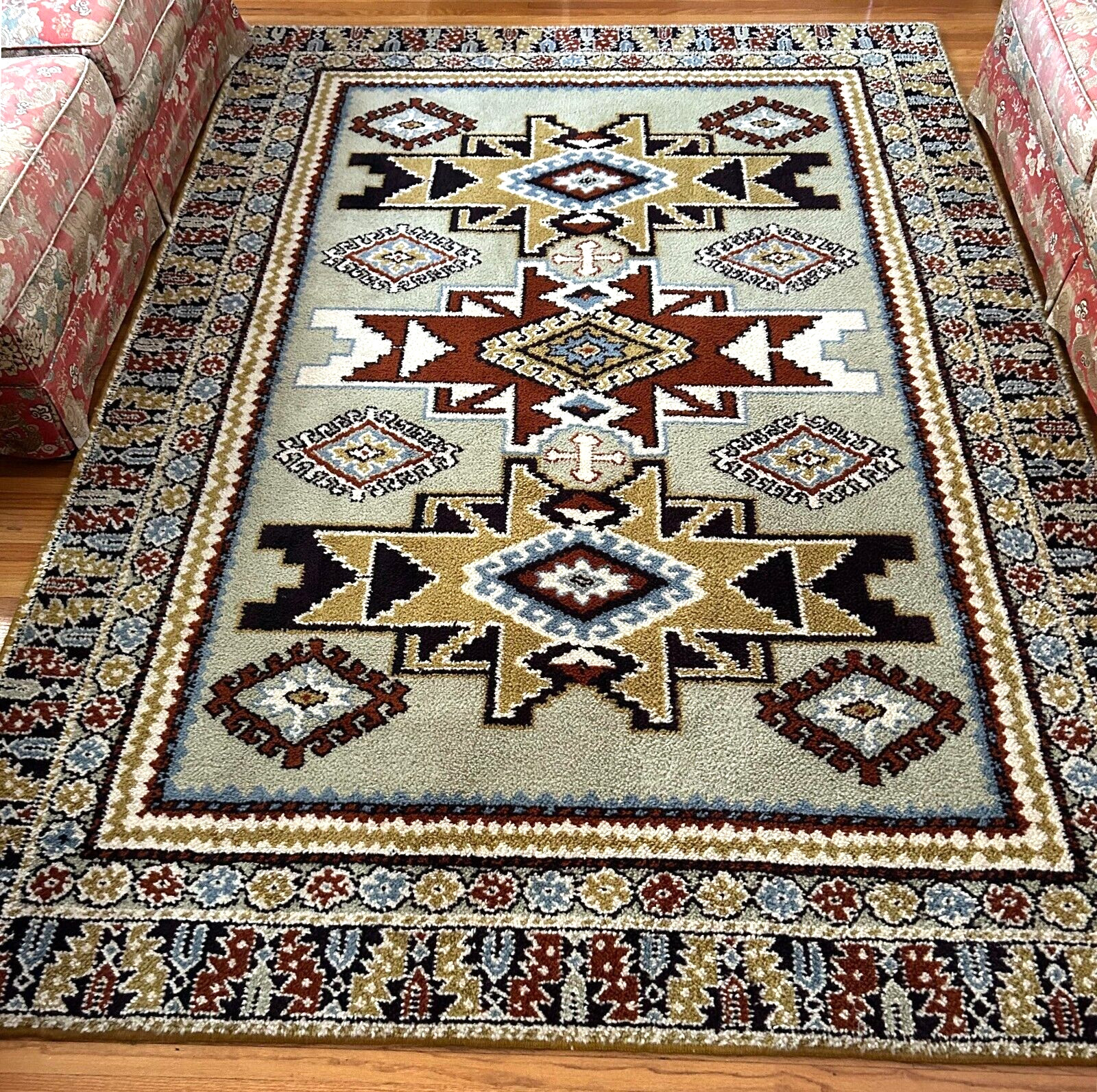 Mid Century Modern Wool Rug Caucasus Kazak Design Made in Spain 6' x 9' gallery