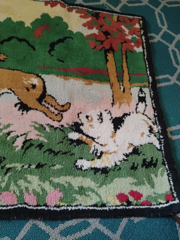 Vintage Tapestry Rug ( Boy, dog duck outdoor scene) 21 X 36 gallery