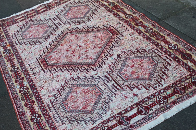Vintage Traditional Hand Made Oriental White Red Silk Somak Kilim 197x125cm gallery