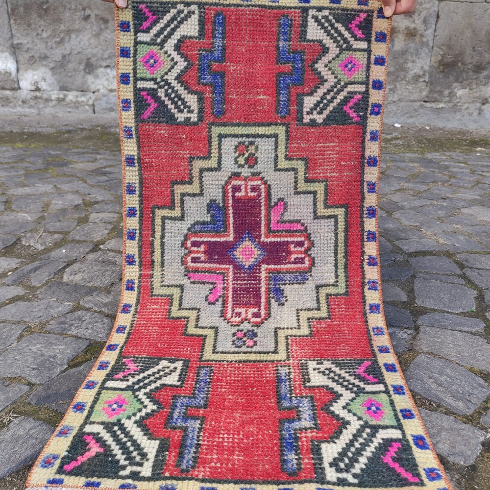 Cross motifs 2x3 Turkish Vintage Small Rug 46 x 93 cm Bath Mat 1.51 x 3.05 ft