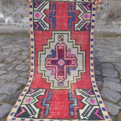 Cross motifs 2×3 Turkish Vintage Small Rug 46 x 93 cm Bath Mat 1.51 x 3.05 ft