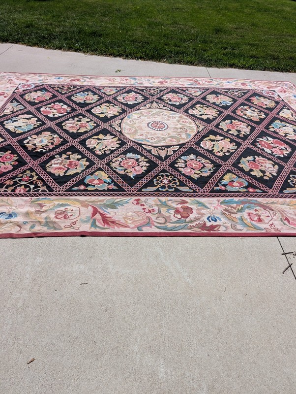 Antique Aubusson Style Needlepoint Floral Rug Carpet 13.6 X 9.9 Feet. Estate gallery