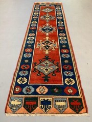 Vintage Turkish Runner 300×83 cm Kazak Rug, Terracotta Red, Green, Beige Blue