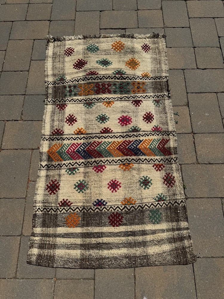 Vintage Turkish Kilim Soumak Handmade Wool Rug 2x4
