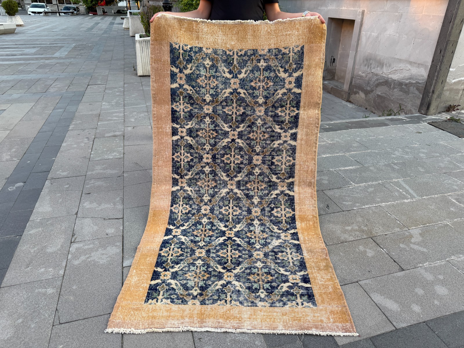 Vintage Turkish Rug 3.7x6.9 ft Blue Beige Handmade Wool Area Rug Distressed gallery