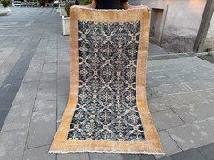 Vintage Turkish Rug 3.7×6.9 ft Blue Beige Handmade Wool Area Rug Distressed