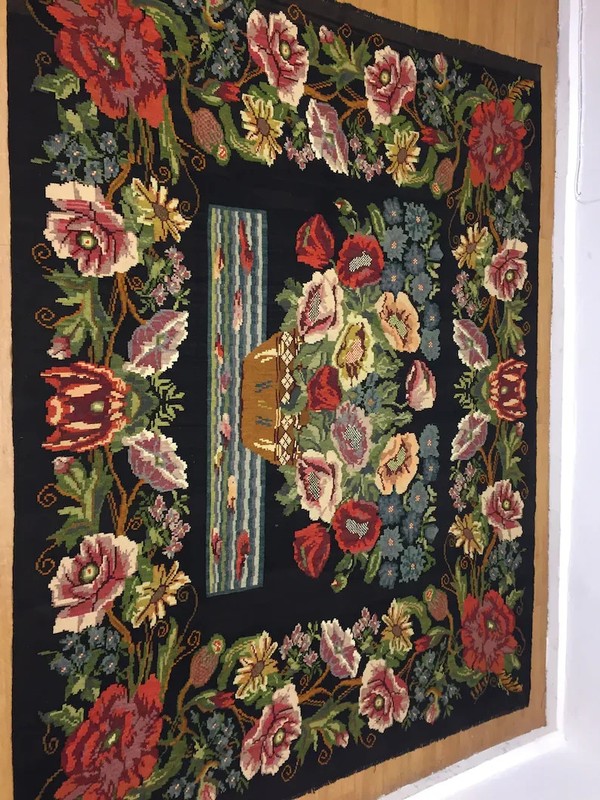 Vintage Turkish Floral Kilim Rug 9x11ft Handmade Flatweave Black Background Wool gallery