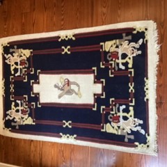 Equestrian Theme Kilim Rug Navy, Wine Red, Hunter green, Ivory and Gold. 45X72″