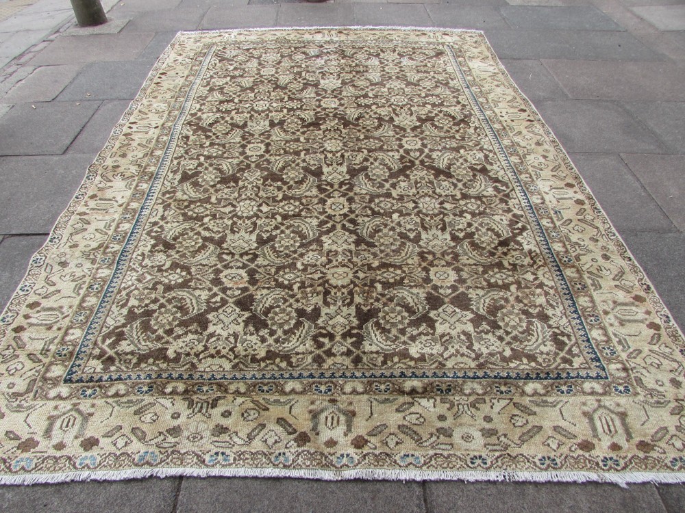 Vintage Worn Hand Made Traditional Oriental Wool Faded Brown Carpet 325x223cm