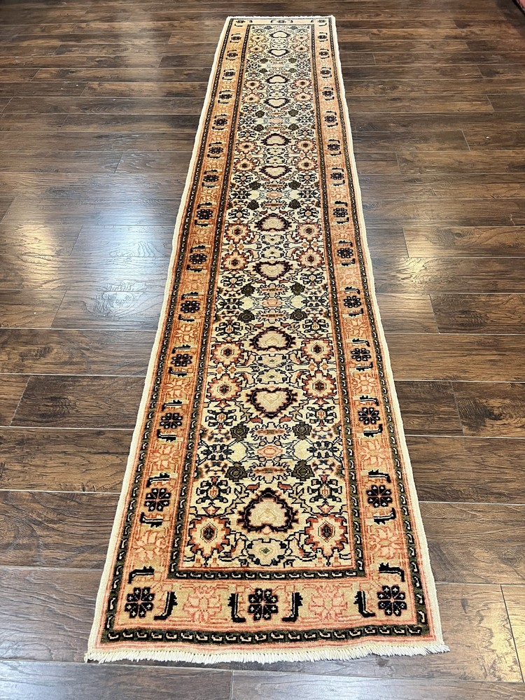 Romanian Runner Rug 2.6 x 12.9 Wool Handmade Hallway Carpet Floral Allover Tan
