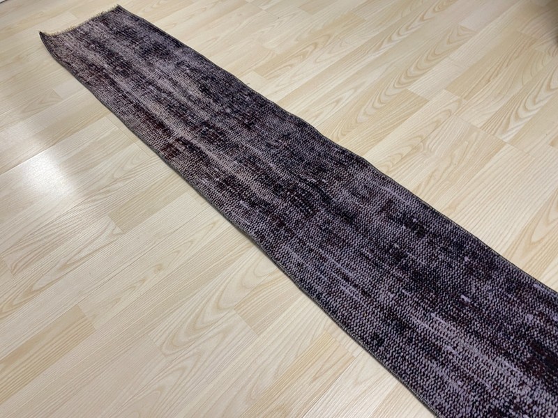 Antique Turkish Rug 0.9x5.0 ft Vintage Dark Plum Overdyed Narrow Carpet Boho gallery