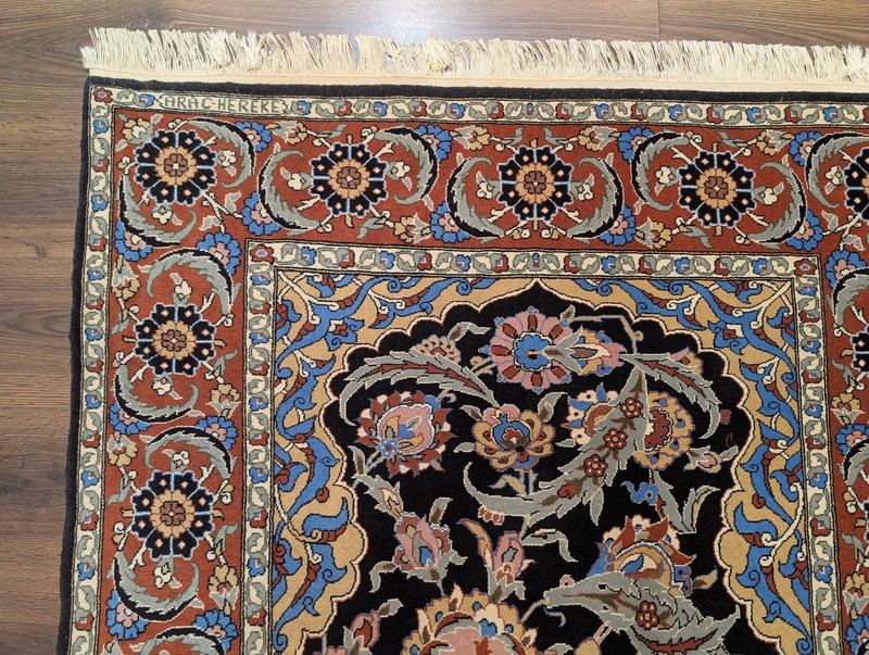 Turkish Hereke Rug 4x7, Kork Wool, Hand-Knotted Blue Carpet, Signed gallery