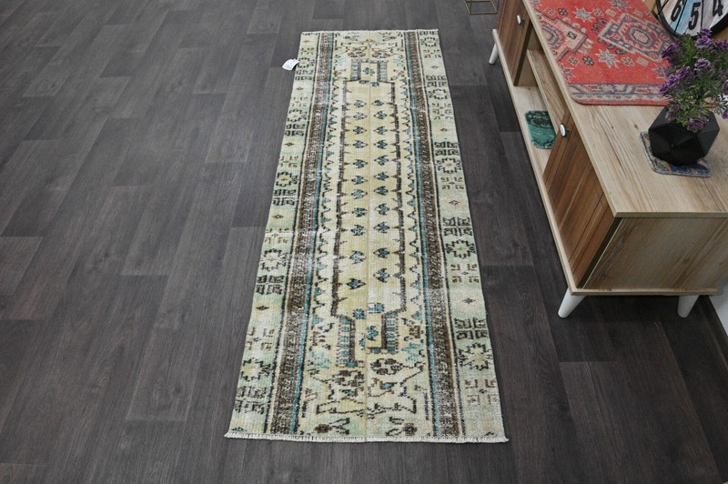 Vintage Turkish Runner Rug 2x7ft BEIGE Handmade Anatolian Oushak Hallway Wool gallery