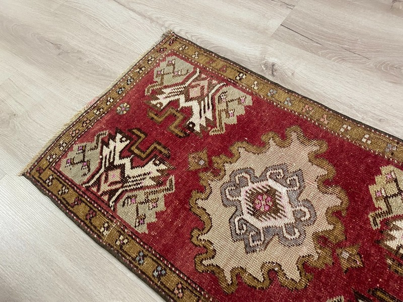 Red Anatolian Decor Rug 1.5x2.7ft Vintage Turkish HandKnotted Wool Runner Rug gallery