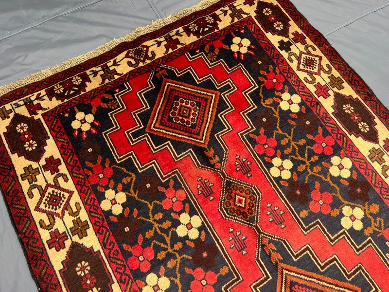 3'6x7'6 ft Vintage Afghan Baluchi Hand-Knotted Floral Geometric Red & Yellow Rug gallery