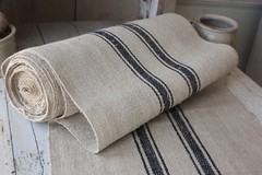 Antique Vintage STAIR RUNNER HEMP fabric / ONE YD length BLUE BLACK HEMP stripe