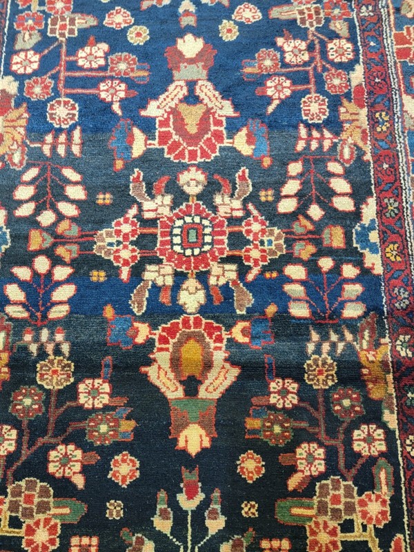 Antique Oriental Hand-Knotted Wool Runner Navy Blue/Red/Ivory/Green 3'6" x 13'3" gallery