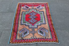 Vintage Hand Made Traditional Cotton Bright Red Pink Small Rug 136x79cm