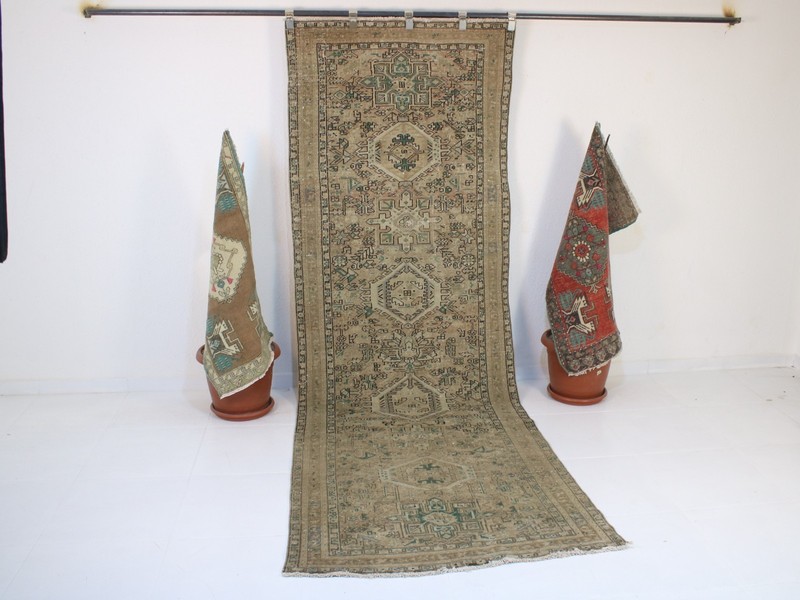 Vintage Hand Knotted Wide Runner Rug Beige Distressed Oushak Style 3.5x10.3 ft gallery