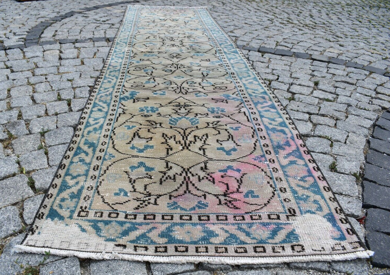 Vintage Turkish Rug 2'8 x 10'6 ft Muted Dye Oushak Corridor Hallway Area Rug gallery