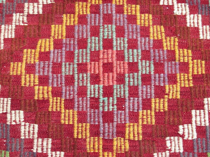 Large Pink Vintage Turkish Carpet, Handmade Geometric Wool Kelim Rug 72"x115" gallery