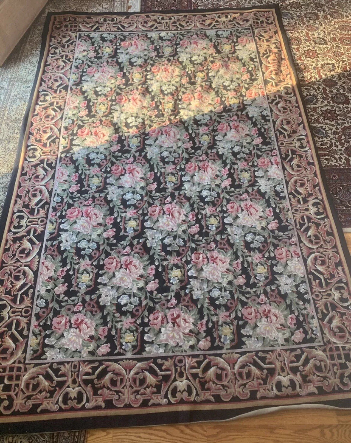 Vintage Needlepoint French Aubusson Rug *EUC* Black Floral W/ Pink Roses 5x8ft gallery