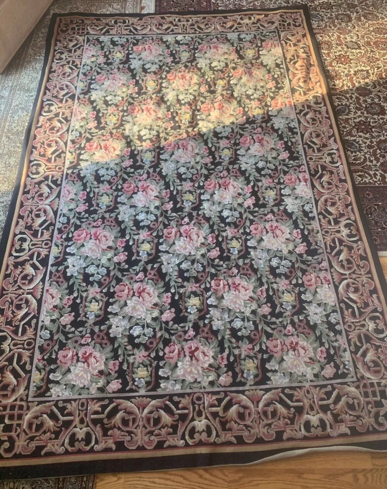 Vintage Needlepoint French Aubusson Rug *EUC* Black Floral W/ Pink Roses 5x8ft