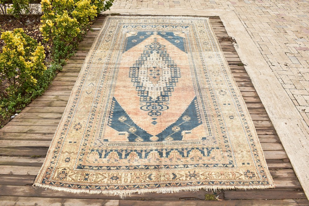 Turkish Rug 5x10 Vintage Soft Color Low Pile Medallion Design Wool Rug 170x335cm
