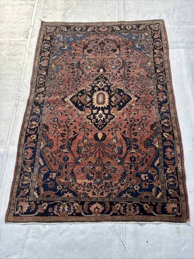 Mohajeran-Saroukk 4 X 6 Antique Rug C. 1920 Blush Rose Field Navy Blue Wet Sand