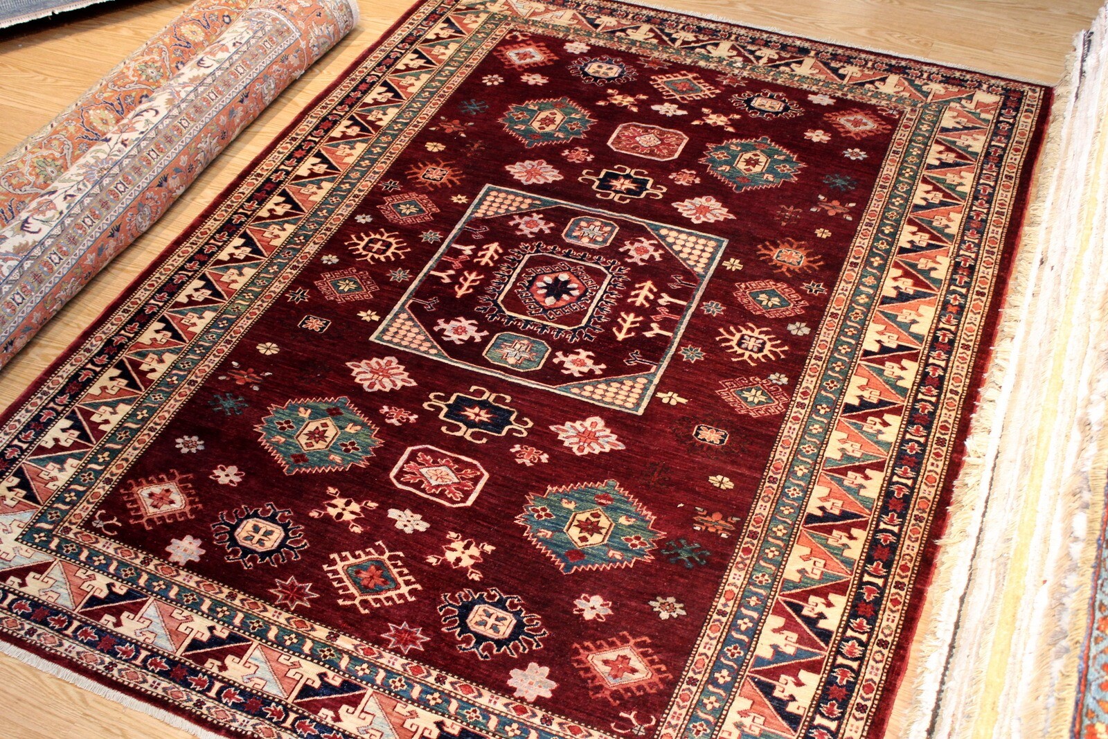 _KAZAK_RUG_HAND-MADE_7 X 9 FT. HAND-KNOTTED-100% WOOL Maroon dark red teal color gallery