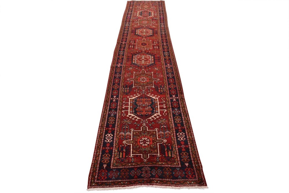 Vintage Tribal Runner 3’8” x 15′ Red Wool Geometric Hand-Knotted Oriental Rug
