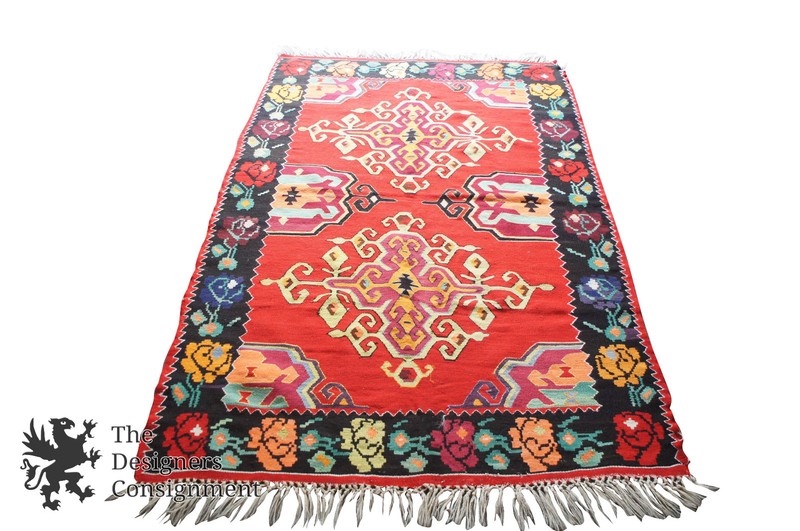 Semi Antique 4'9" x 7'4" Turkish 100% Wool Kilim Area Rug Mat Red Roses Floral gallery