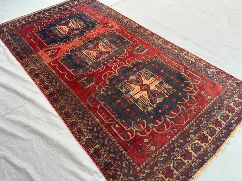 4' x 7'7" Low Pile Antique Afghan Baluchi Hand-Knotted Rug, Tribal Geometric Rug gallery