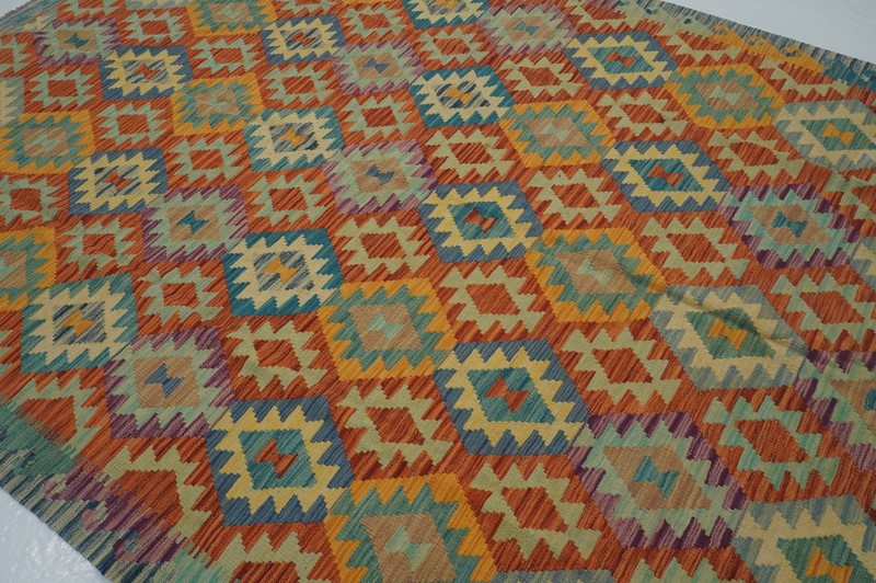 7x10 ft Orange Afghan Hand Woven Wool Reversible Kilim Rug 6'9"x9'6" gallery