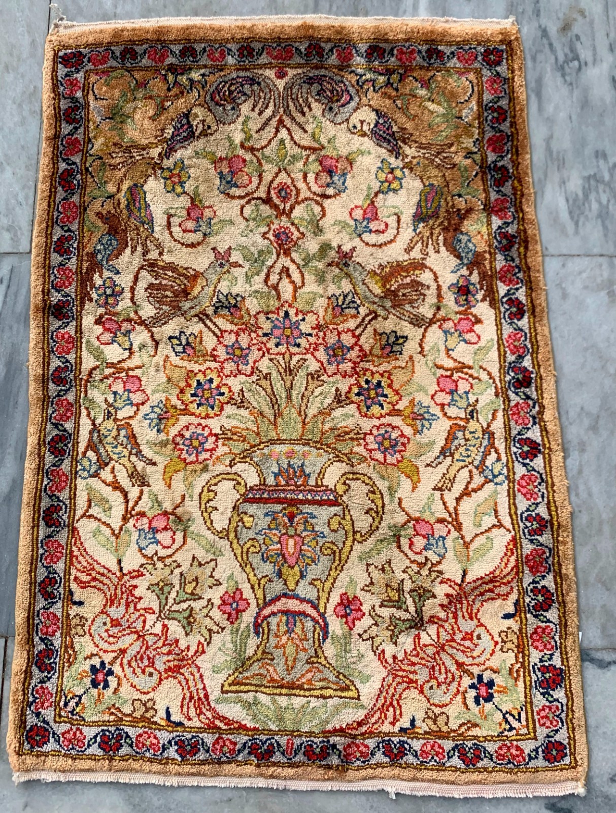 Vintage Rug Hand Knotted Silk & Wool Cashmeri Area Rug 1x2 ft Free Ship gallery